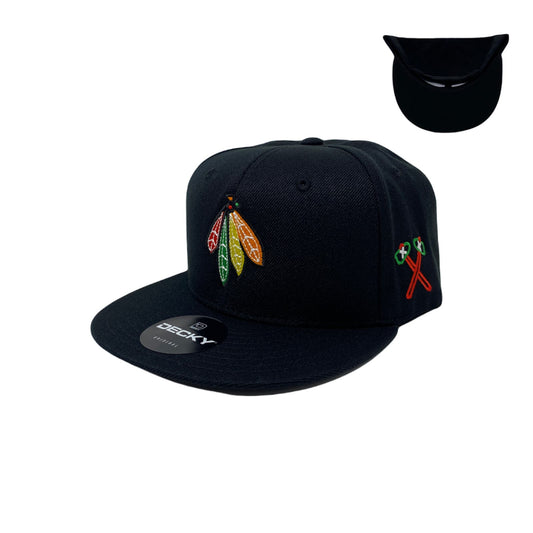 Indian Feathers Tomahawk Snapback Hat All Black