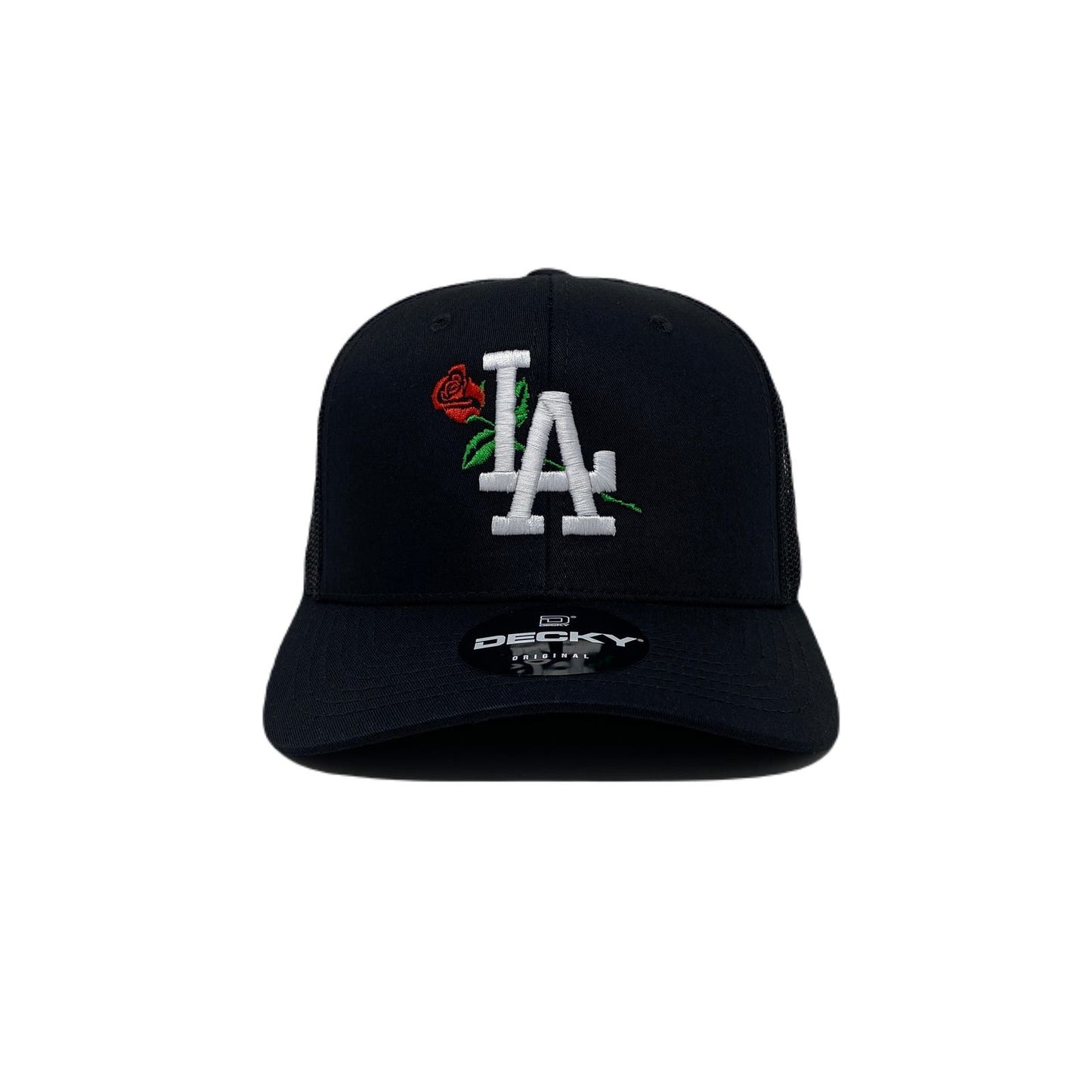 Los Angeles Rose White Trucker Hat in Black