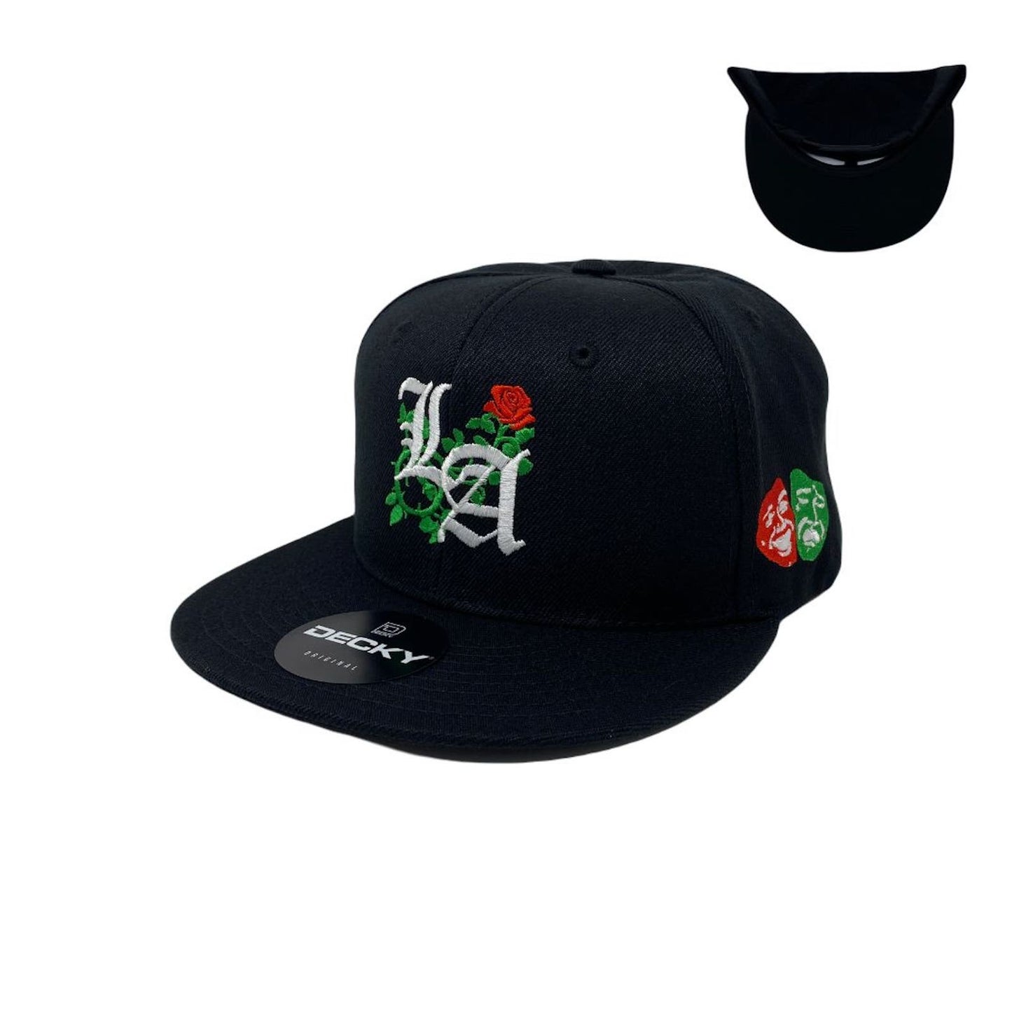 Los Angeles Laugh Now RED Cry Later GREEN Masks Snapback Hat All Black