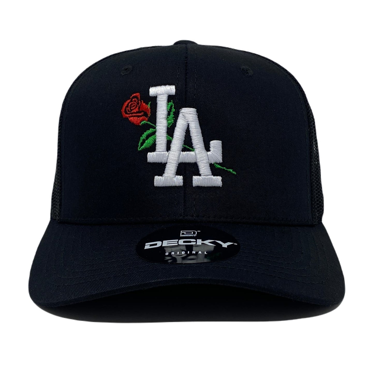 Los Angeles Rose White Trucker Hat in Black