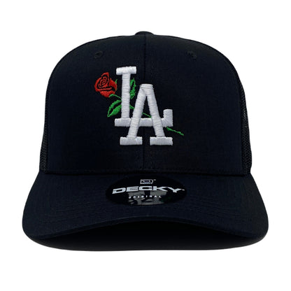 Los Angeles Rose White Trucker Hat in Black