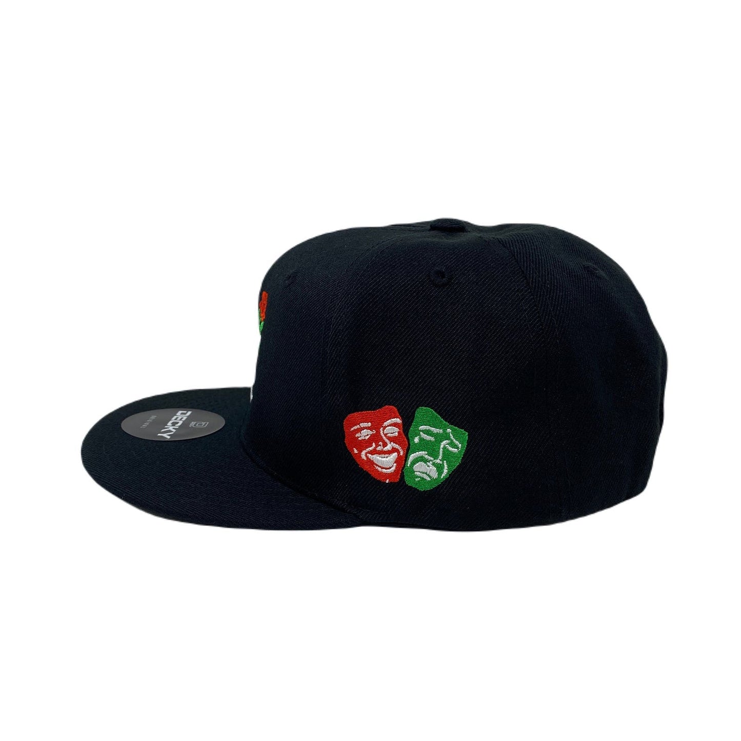 Los Angeles Laugh Now RED Cry Later GREEN Masks Snapback Hat All Black