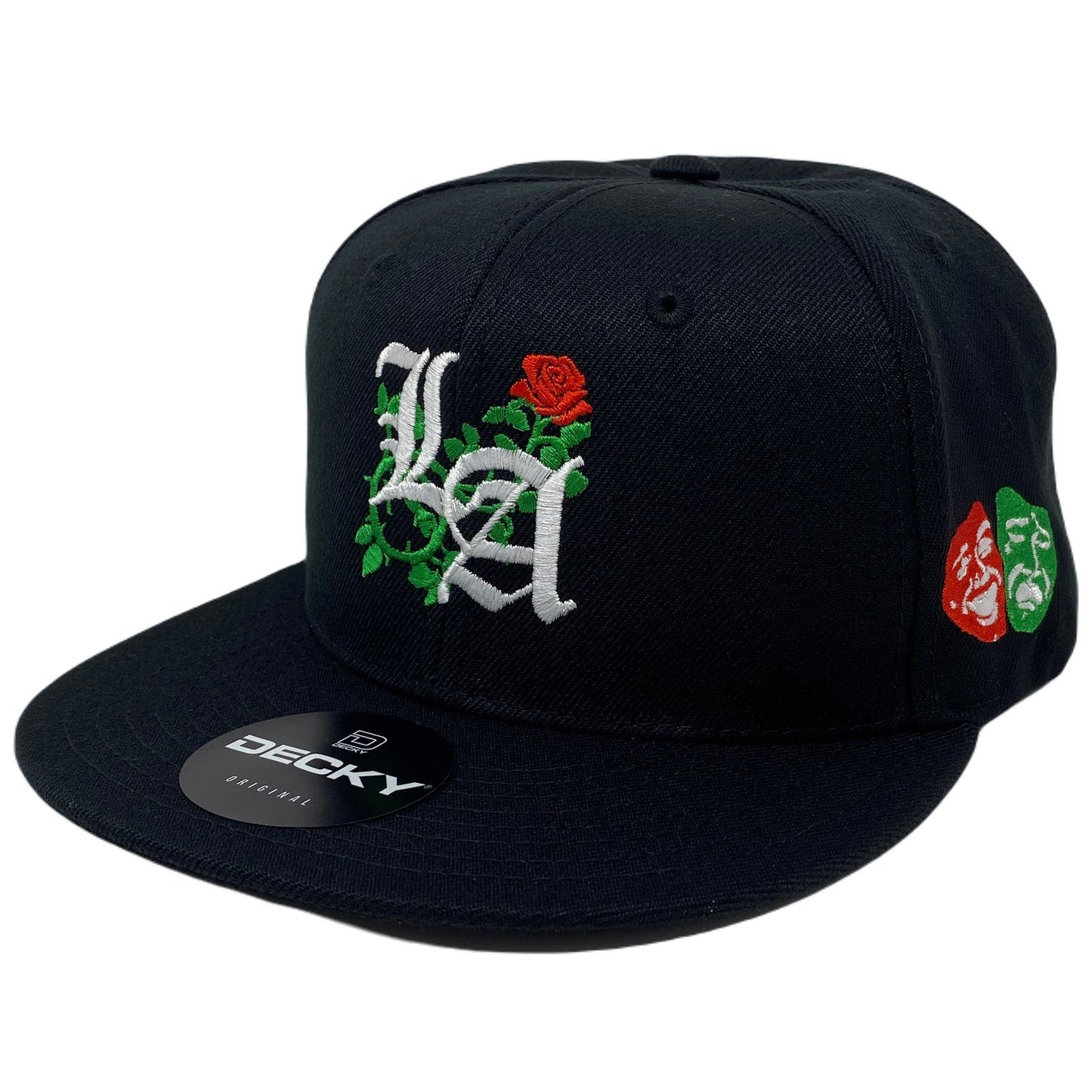 Los Angeles Laugh Now RED Cry Later GREEN Masks Snapback Hat All Black