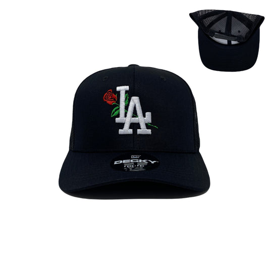 Los Angeles Rose White Trucker Hat in Black